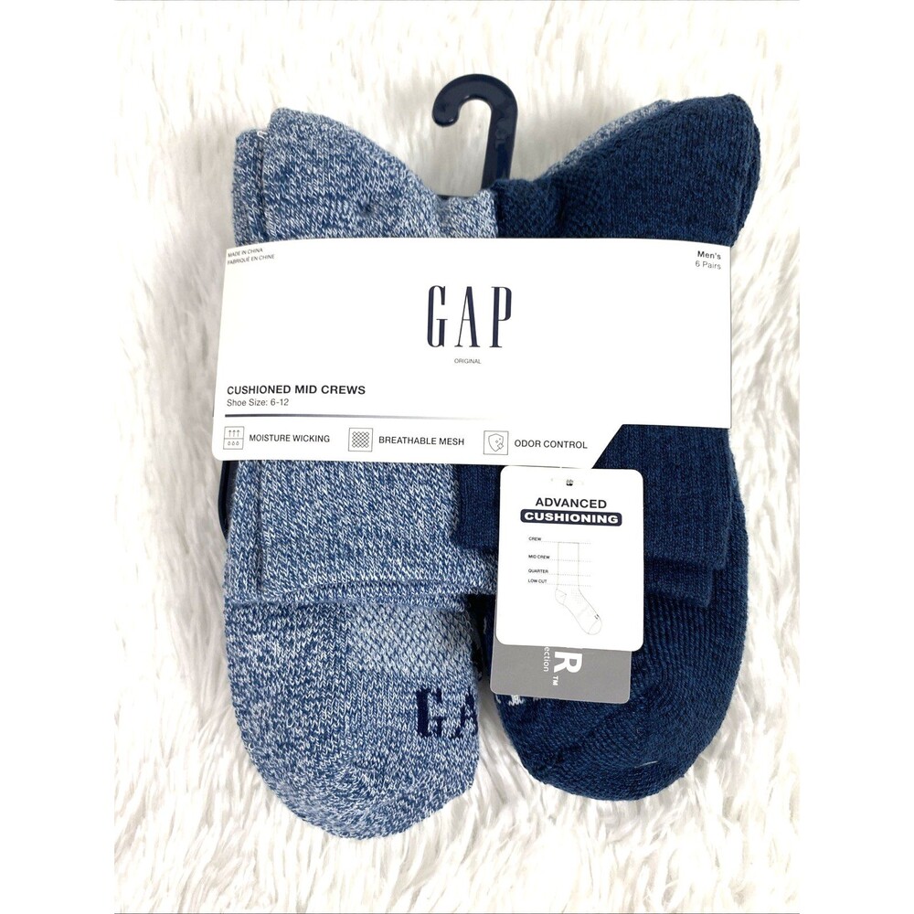 Gap Socks Men’s 6 Pair Navy Blue White Cushioned Mid Crews Casual Size 6-12